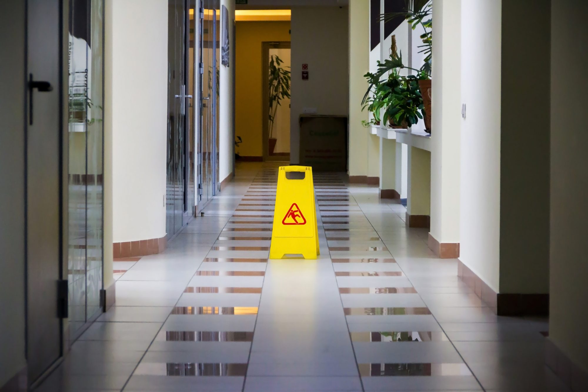 Cleaning of office. Sign wet floor